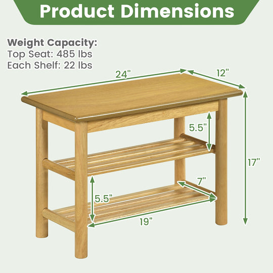 Shoe Rack Bench 3-Tier Rubberwood Shoe Changing Bench-Natrual