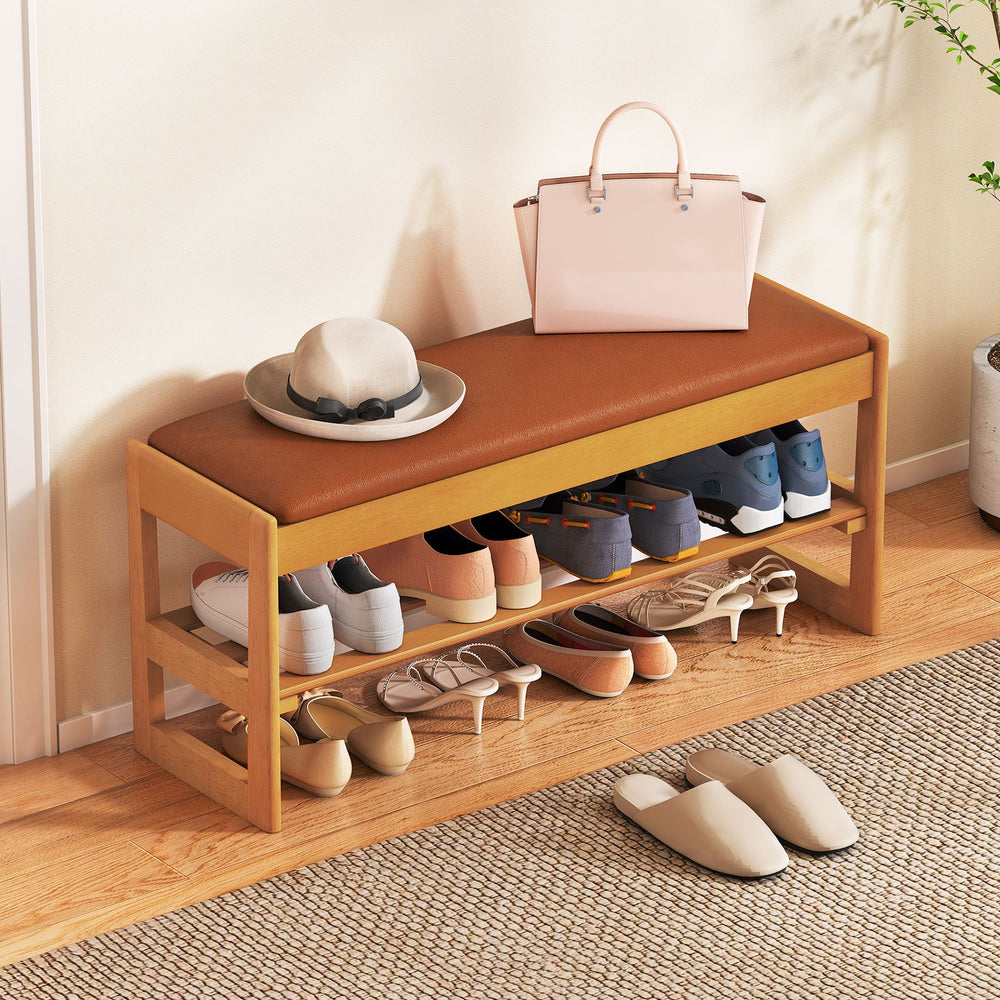 Shoe Rack Bench with Storage 2-Tier Rubberwood Entryway Bench with Flip-Open Storage