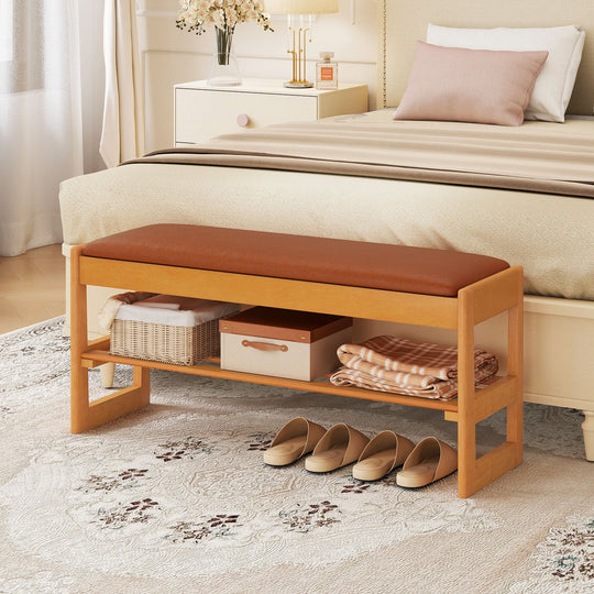 Shoe Rack Bench with Storage 2-Tier Rubberwood Entryway Bench with Flip-Open Storage