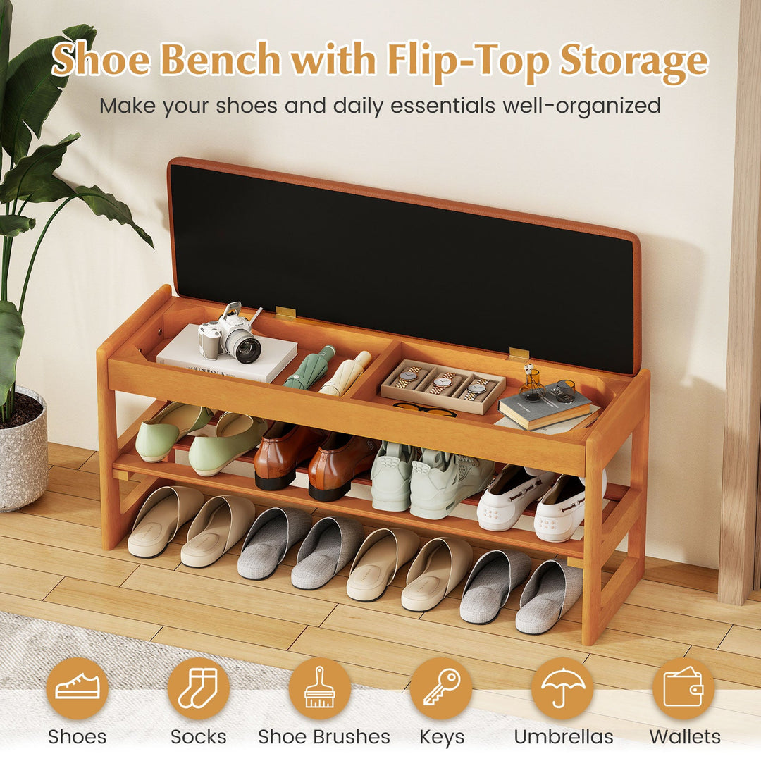 Shoe Rack Bench with Storage 2-Tier Rubberwood Entryway Bench with Flip-Open Storage