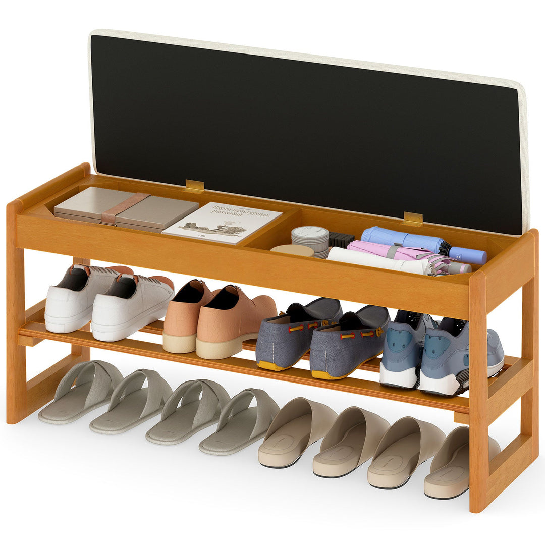 Shoe Rack Bench with Storage 2-Tier Rubberwood Entryway Bench with Flip-Open Storage