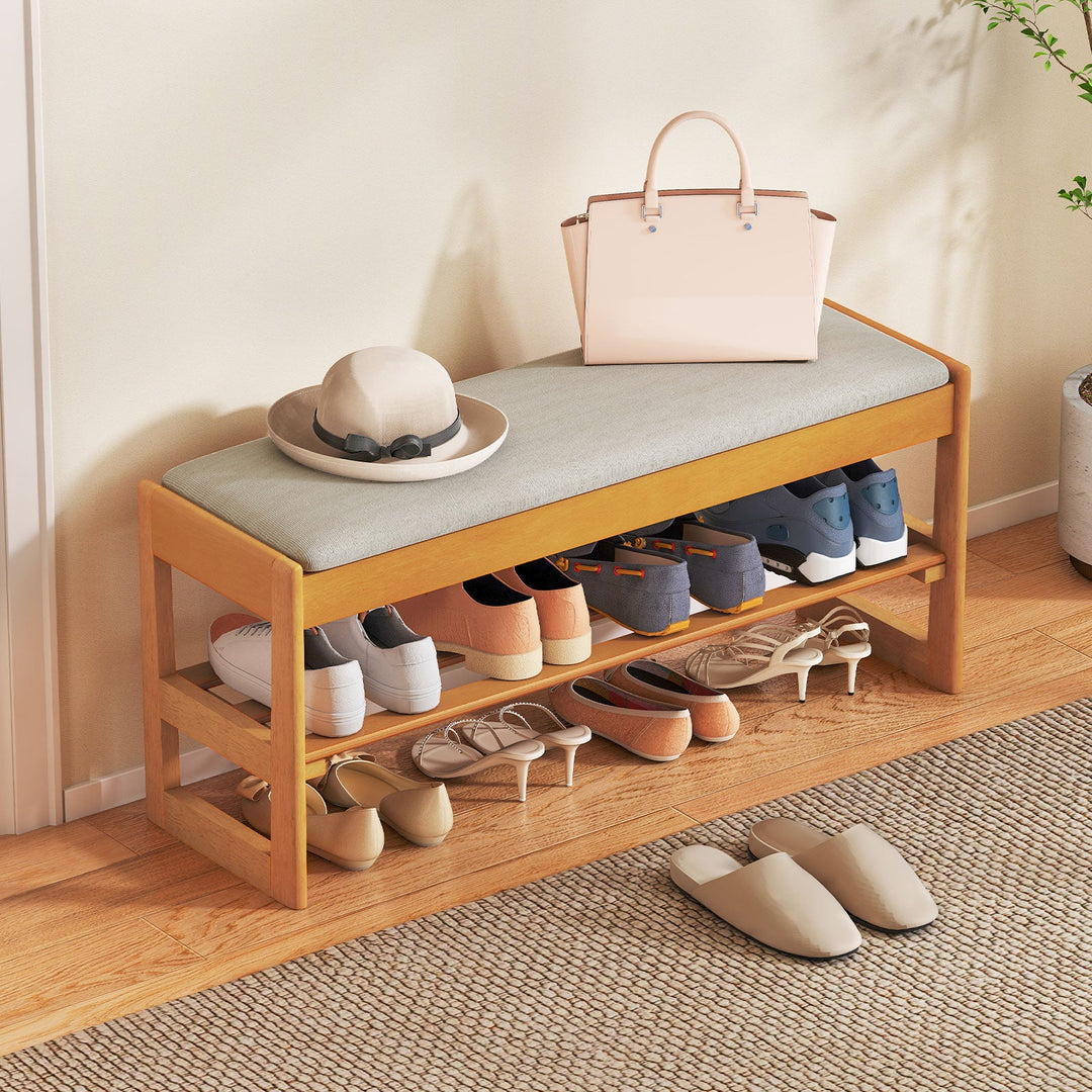 Shoe Rack Bench with Storage 2-Tier Rubberwood Entryway Bench with Flip-Open Storage