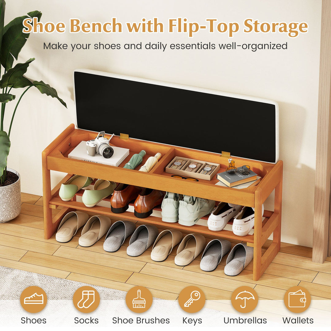 Shoe Rack Bench with Storage 2-Tier Rubberwood Entryway Bench with Flip-Open Storage