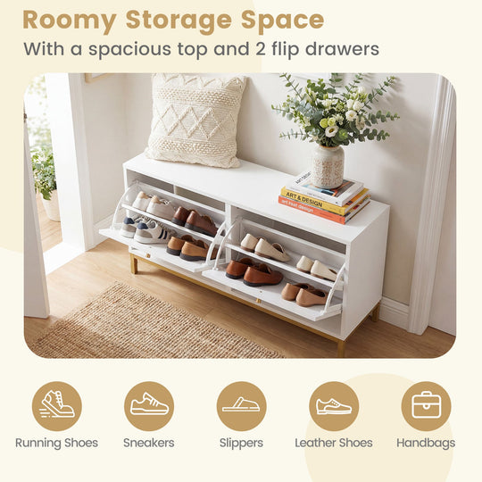 Shoe Storage Bench Narrow Entryway Bench with 2 Flip Drawers Adjustable Shelves-White