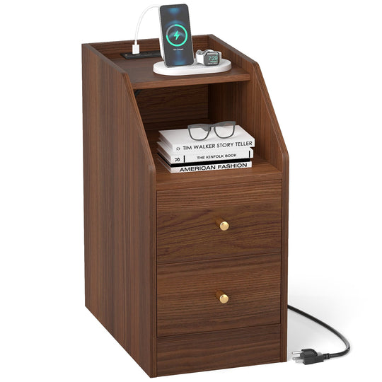 Side End Table with Charging Station Sofa Couch Table with Shelf Drawers