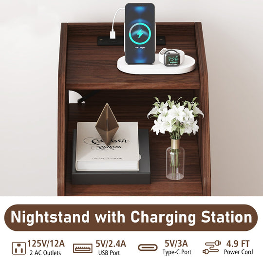 Side End Table with Charging Station Sofa Couch Table with Shelf Drawers