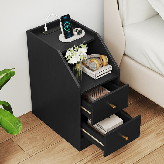 Side End Table with Charging Station Sofa Couch Table with Shelf Drawers