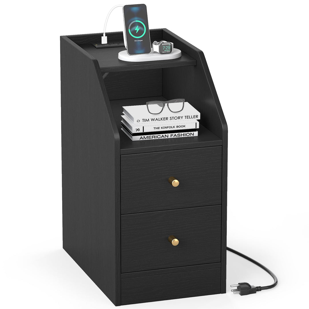 Side End Table with Charging Station Sofa Couch Table with Shelf Drawers