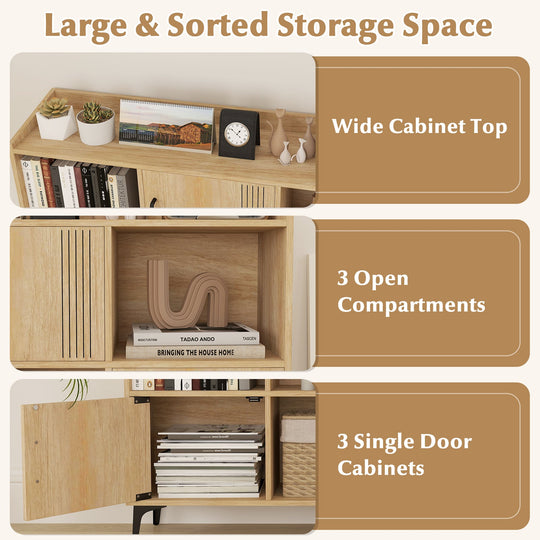 Sideboard Storage Cabinet Bookcase with 3 Doors and Open Compartments-Oak