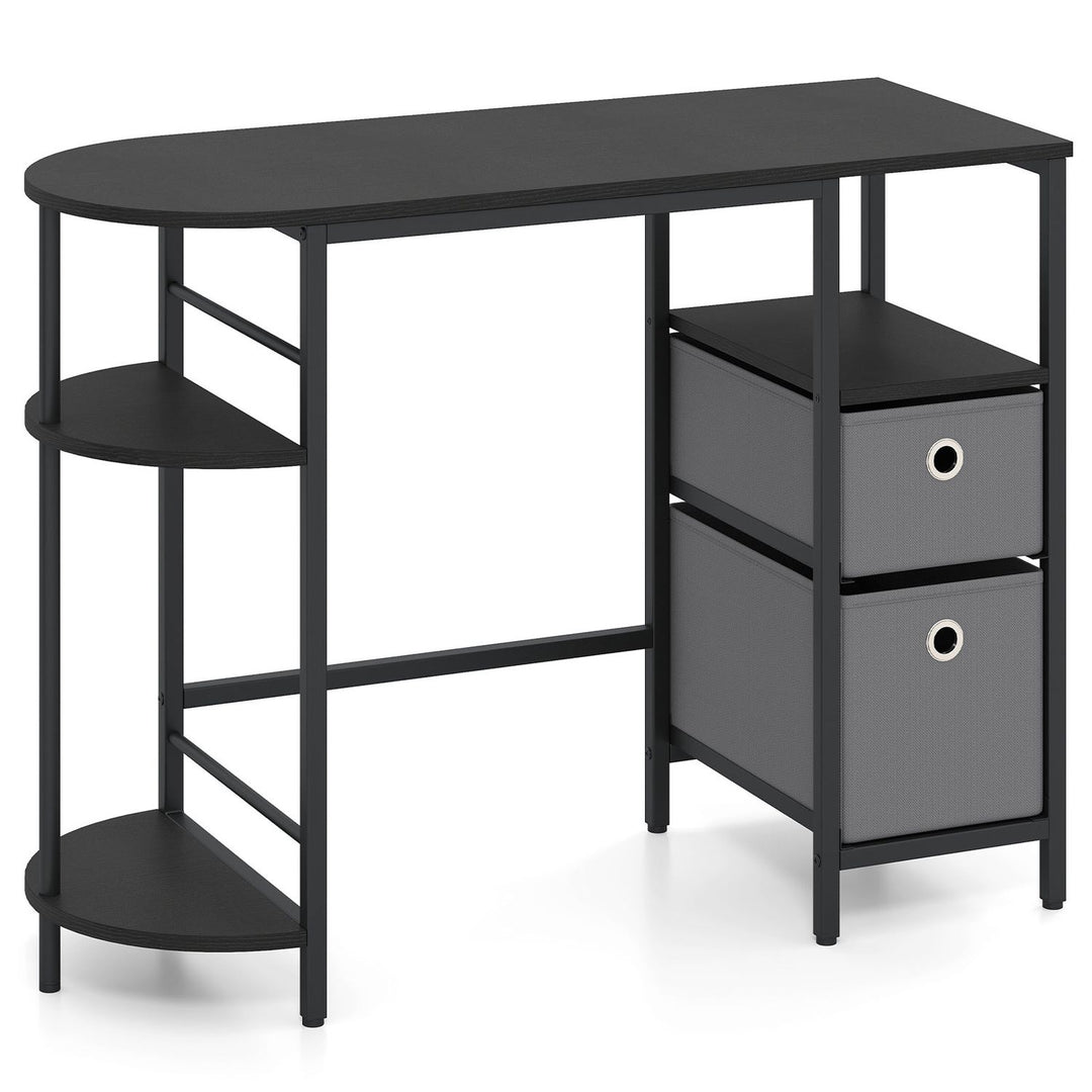 Small Computer Desk with Half-moon Side Shelves and Folding Fabric Drawers