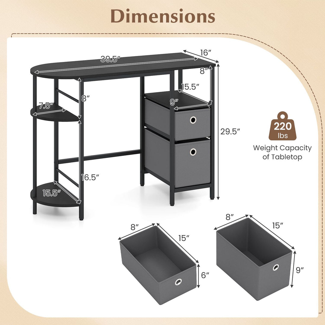 Small Computer Desk with Half-moon Side Shelves and Folding Fabric Drawers