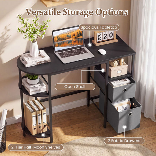 Small Computer Desk with Half-moon Side Shelves and Folding Fabric Drawers