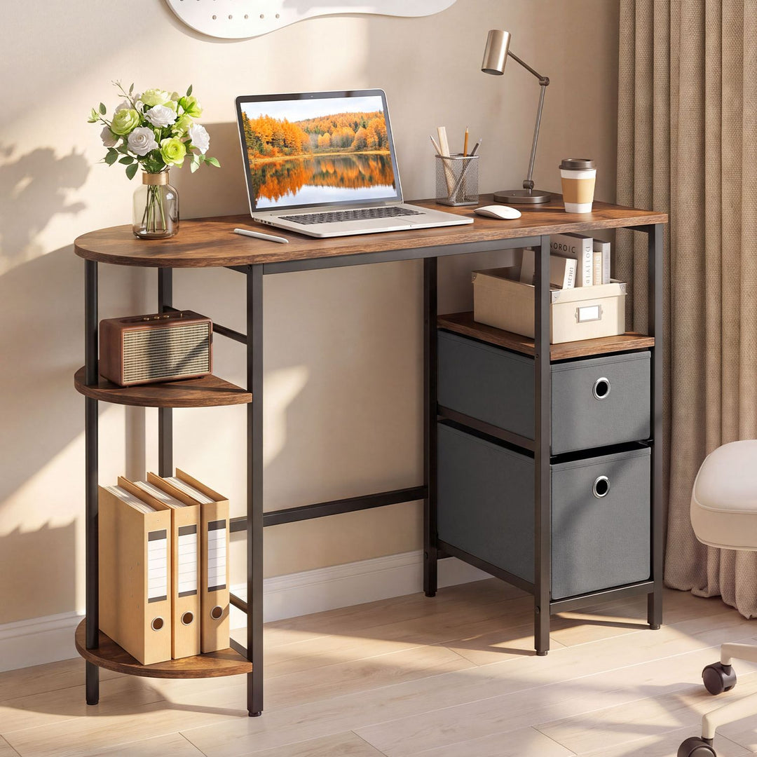 Small Computer Desk with Half-moon Side Shelves and Folding Fabric Drawers
