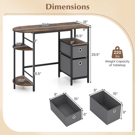 Small Computer Desk with Half-moon Side Shelves and Folding Fabric Drawers