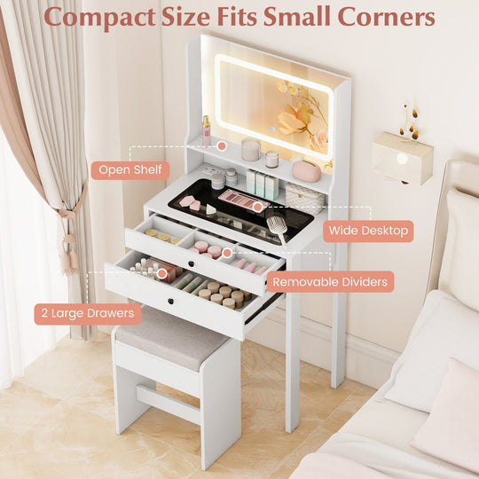 Small Vanity Desk with Mirror and Lights for Bedroom