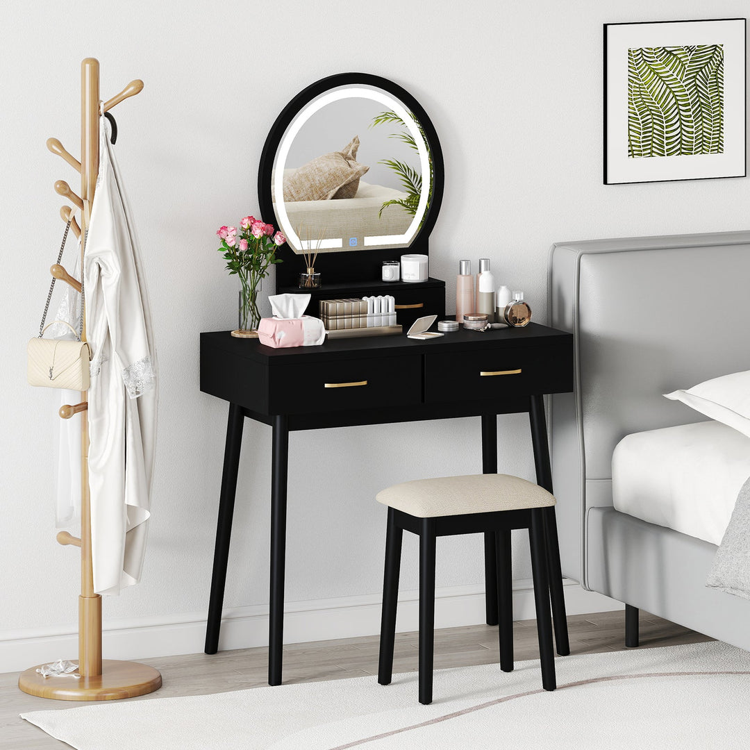 Small Vanity Makeup Dressing Table Set with Cushioned Stool and LED Lighted Mirror
