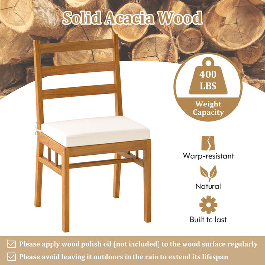 Solid Acacia Wood Patio Chair Set of 2 Armless Chair-White