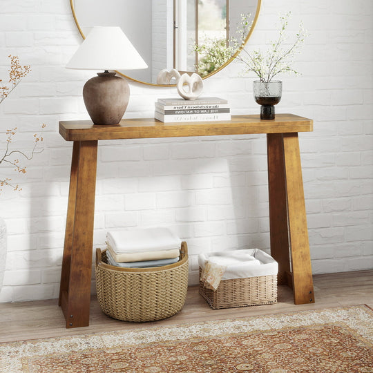 Solid Rubber Wood Console Table 43inch Narrow Entryway Table with Thick Tabletop and Stable Base