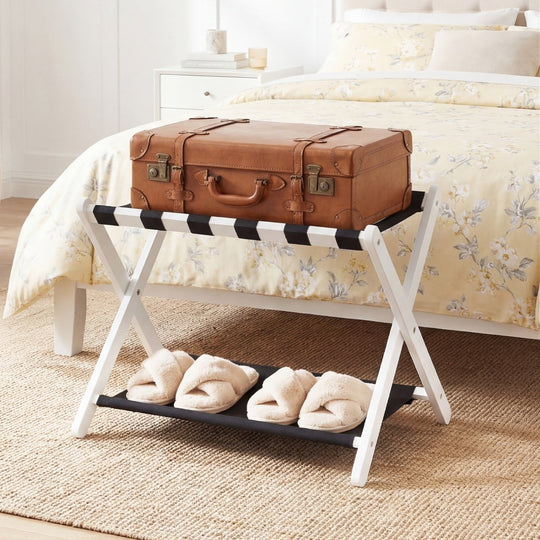 Solid Rubberwood Folding Luggage Rack with Nylon Shelves