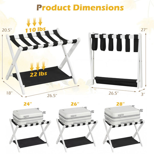 Solid Rubberwood Folding Luggage Rack with Nylon Shelves