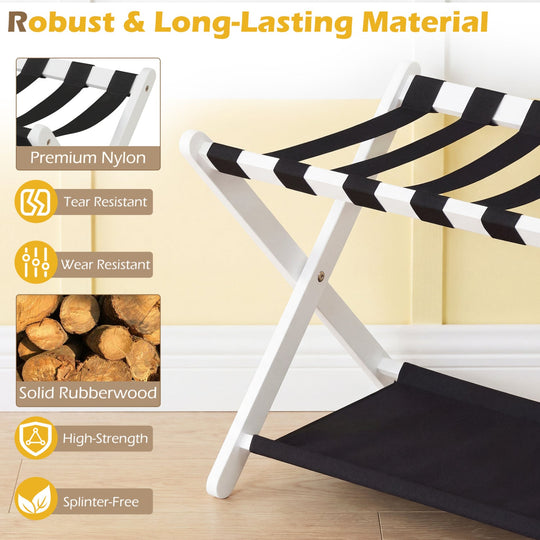 Solid Rubberwood Folding Luggage Rack with Nylon Shelves Set of 2