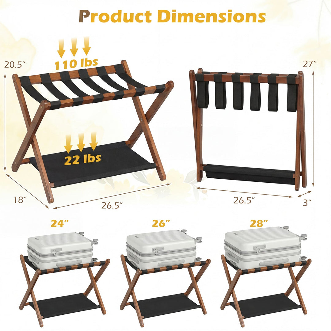Solid Rubberwood Folding Luggage Rack with Nylon Shelves Set of 2