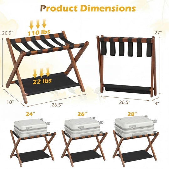Solid Rubberwood Folding Luggage Rack with Nylon Shelves Set of 2