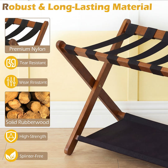 Solid Rubberwood Folding Luggage Rack with Nylon Shelves Set of 2