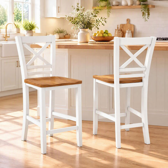 Solid Wood Bar Stools Set of 2 with Rubber Wood Frame and Cross Backrest for Home-White