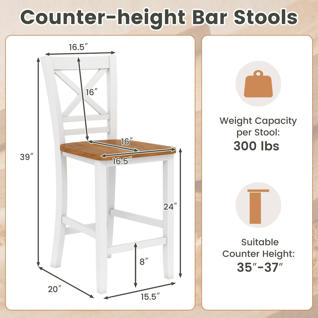 Solid Wood Bar Stools Set of 2 with Rubber Wood Frame and Cross Backrest for Home-White