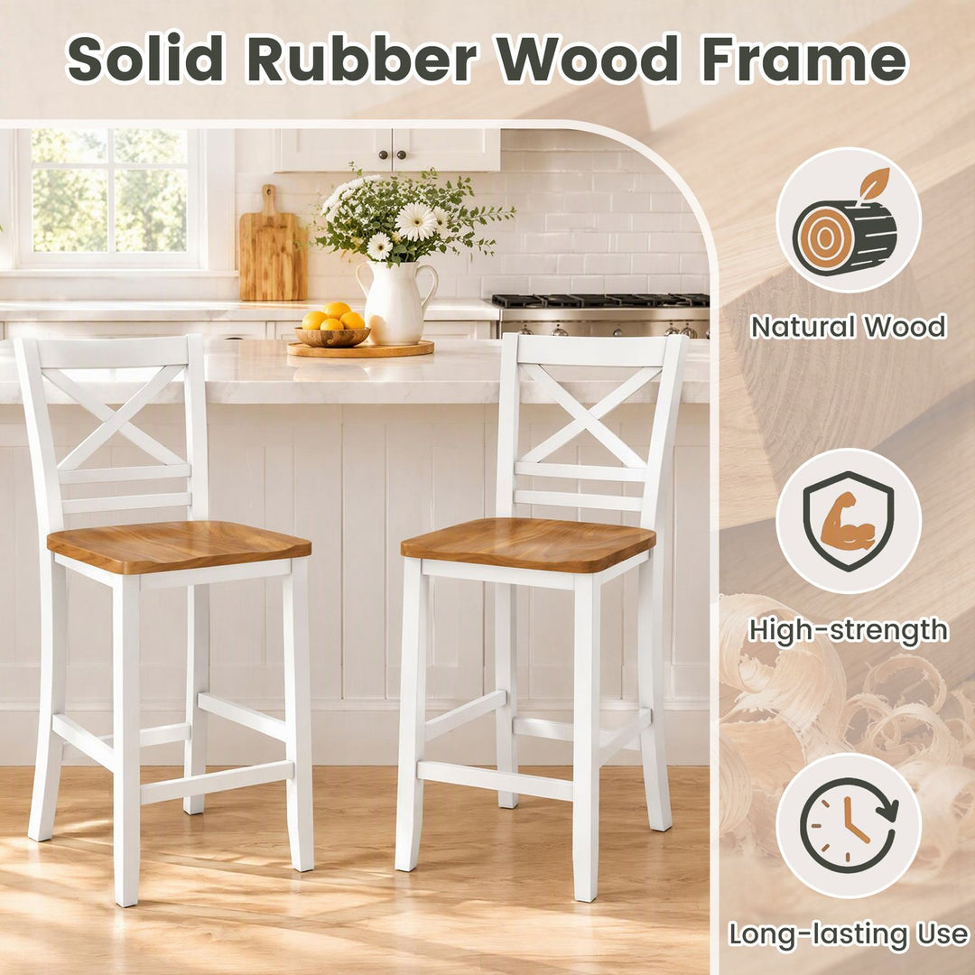Solid Wood Bar Stools Set of 2 with Rubber Wood Frame and Cross Backrest for Home-White