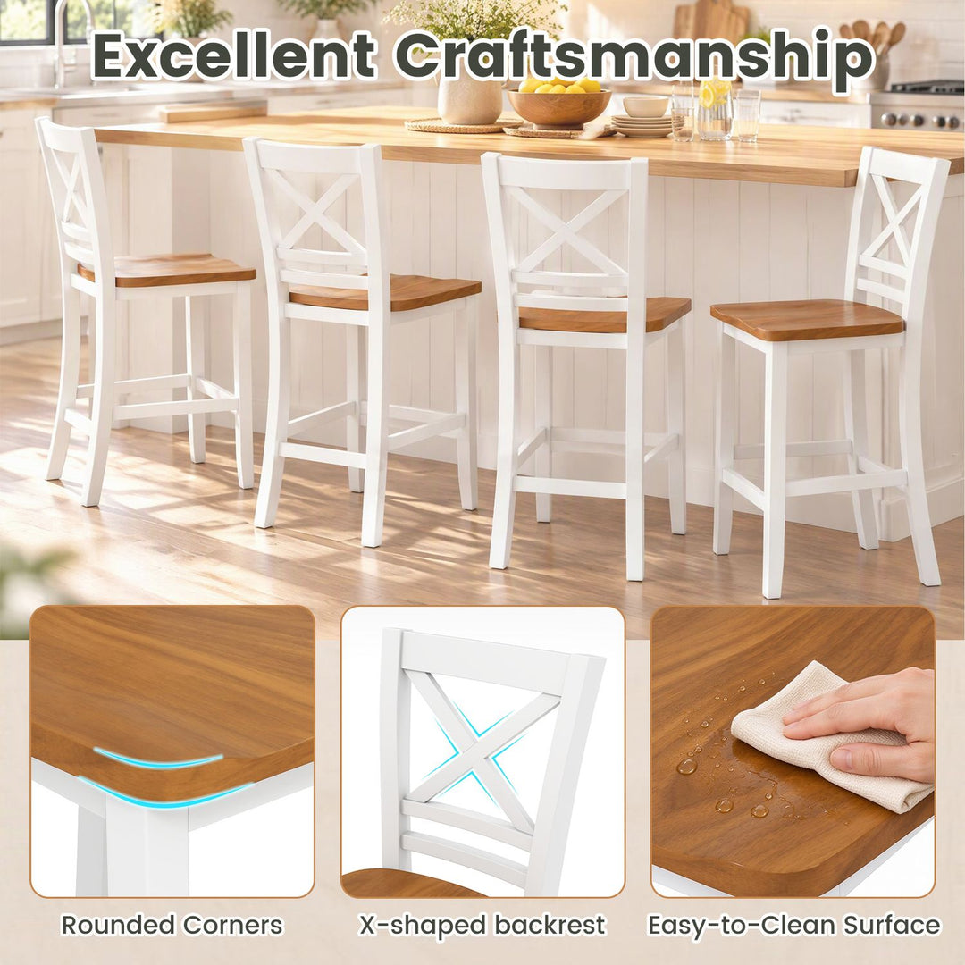 Solid Wood Bar Stools Set of 2 with Rubber Wood Frame and Cross Backrest for Home-White