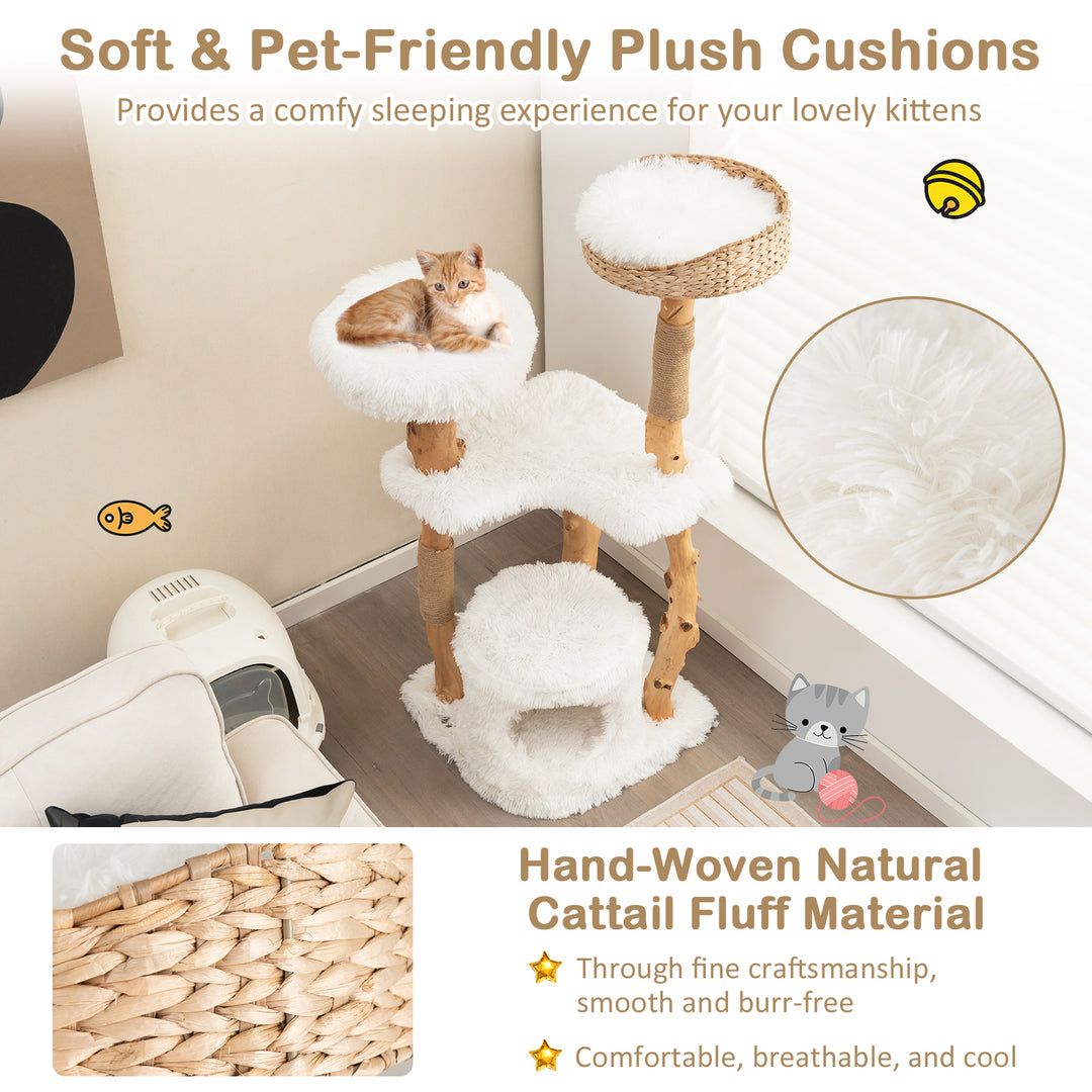 Solid Wood Cat Tower with Top Cattail Basket Cat Bed for Indoor Cats-White