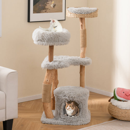 Solid Wood Cat Tower with Top Cattail Basket Cat Bed-Gray