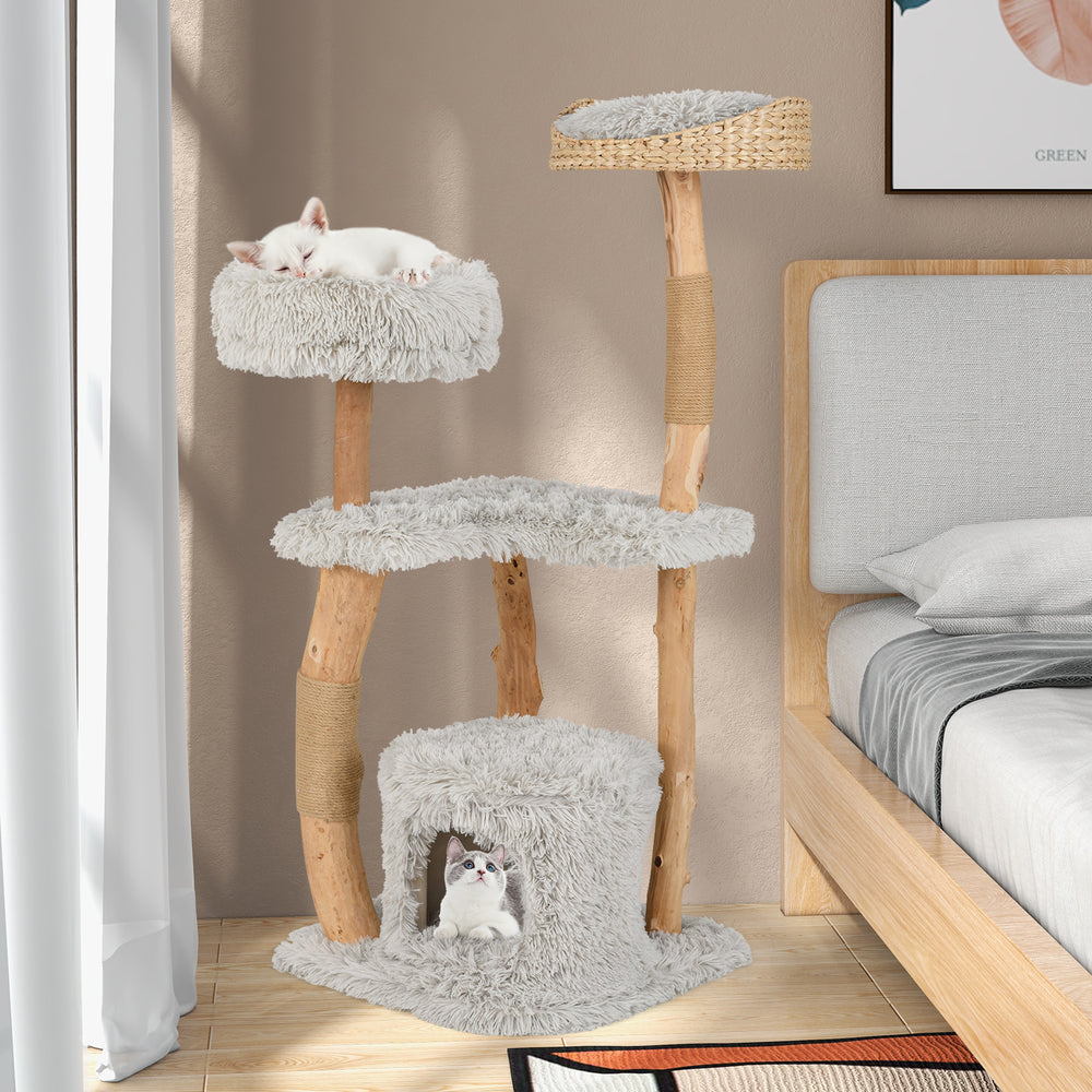 Solid Wood Cat Tower with Top Cattail Basket Cat Bed-Gray