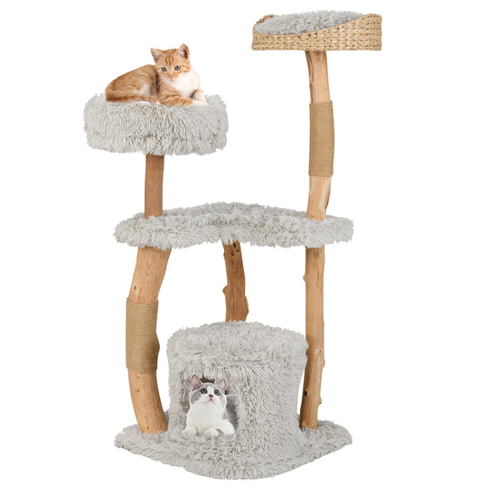 Solid Wood Cat Tower with Top Cattail Basket Cat Bed-Gray