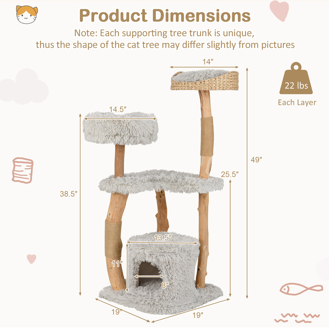 Solid Wood Cat Tower with Top Cattail Basket Cat Bed-Gray