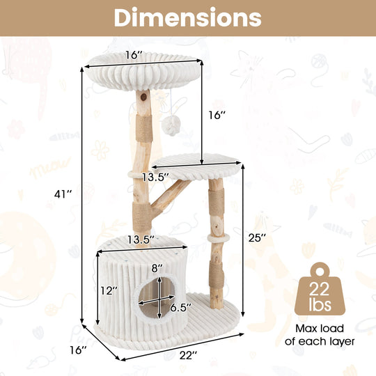 Solid Wood Cat Tree 41" with Real Branches & Cozy Bed