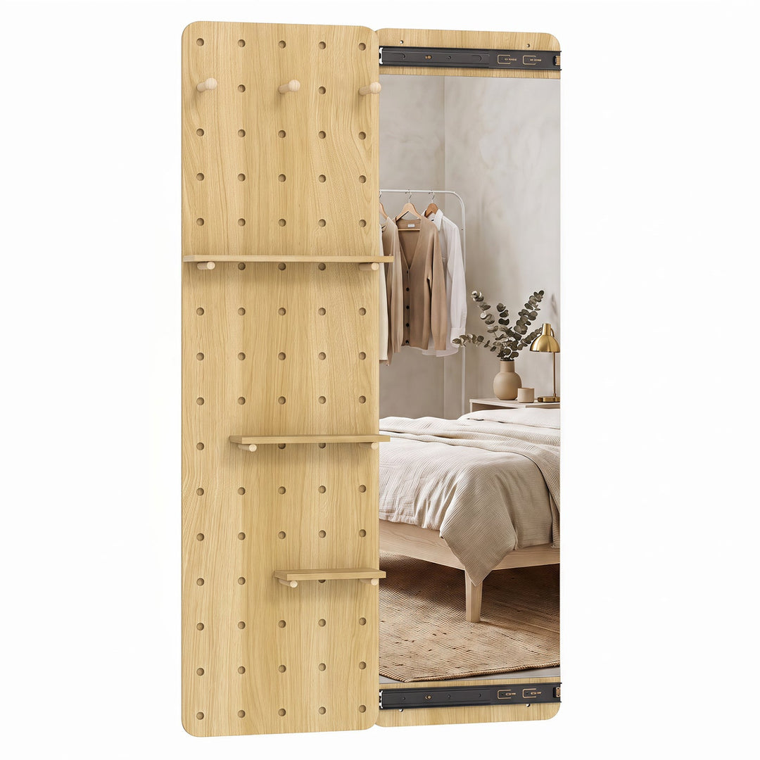 Full Length Wall Mirror with Sliding Pegboard & Shelves