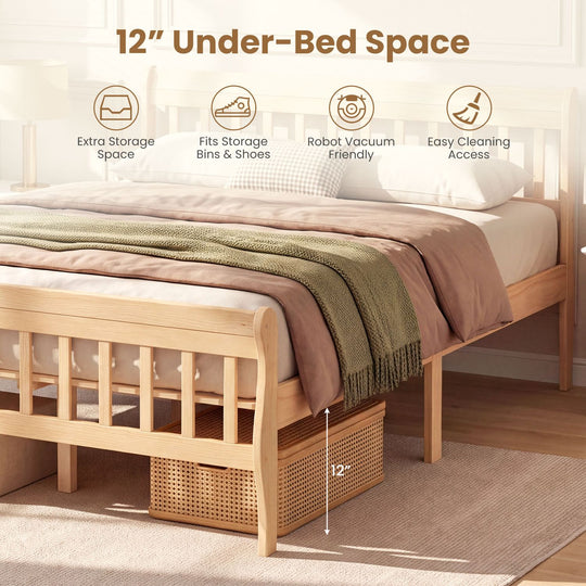 Solid Wood Platform Bed Frame with Headboard Wood Slat Support Natural