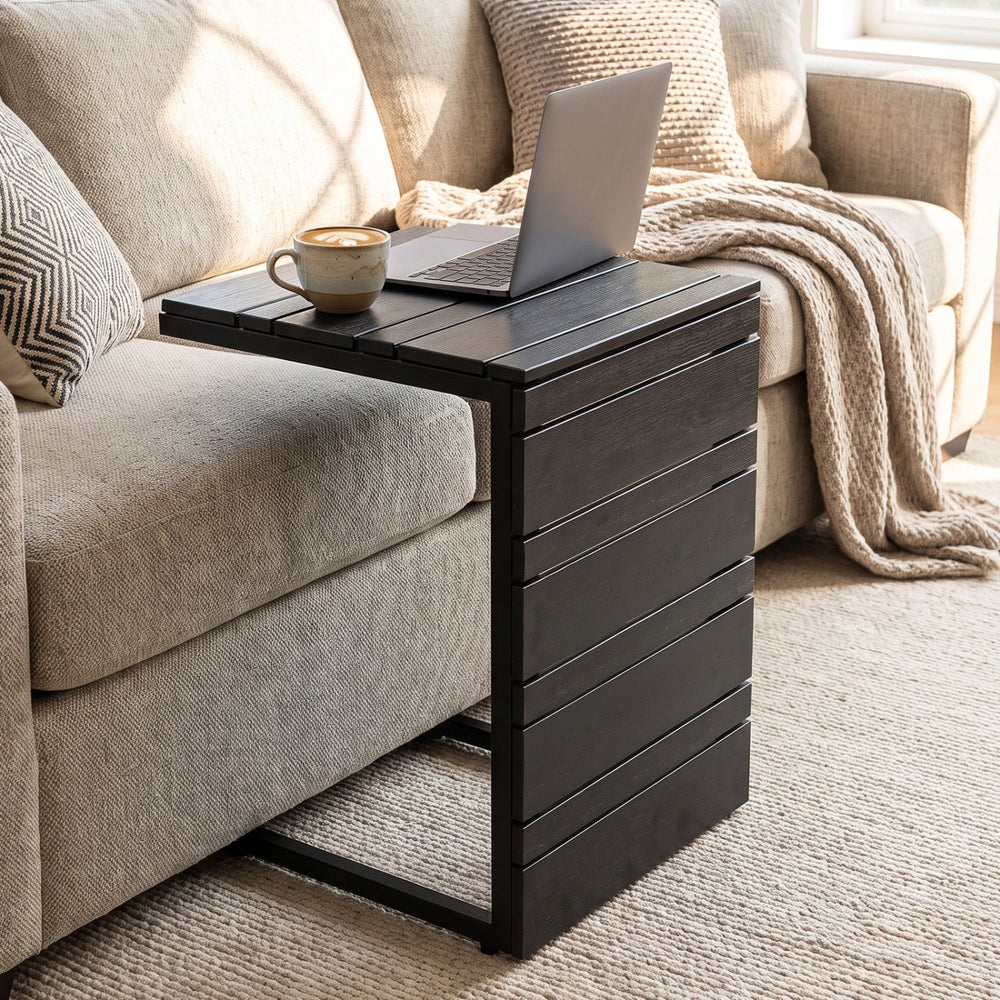 C-Shaped Side Table with Wood-Plastic Top for Indoor Outdoor