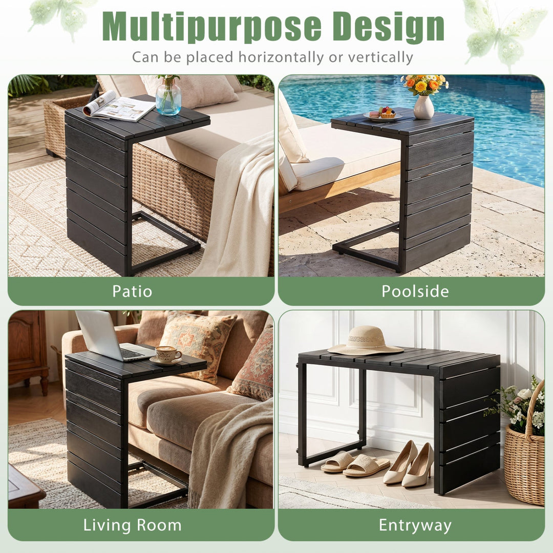 C-Shaped Side Table with Wood-Plastic Top for Indoor Outdoor