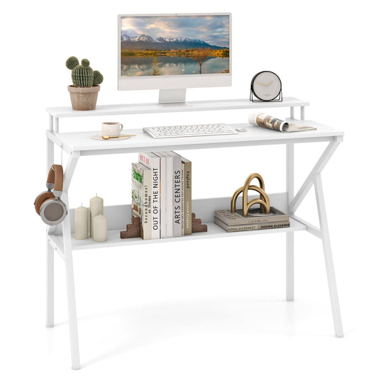 Space Saving Computer Desk with Monitor Stand and Extra Storage Shelf for Work Study