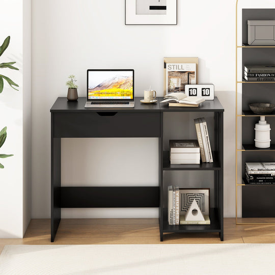 Space Saving Computer Desk with Hidden Compartment and Open Storage Shelves-Black