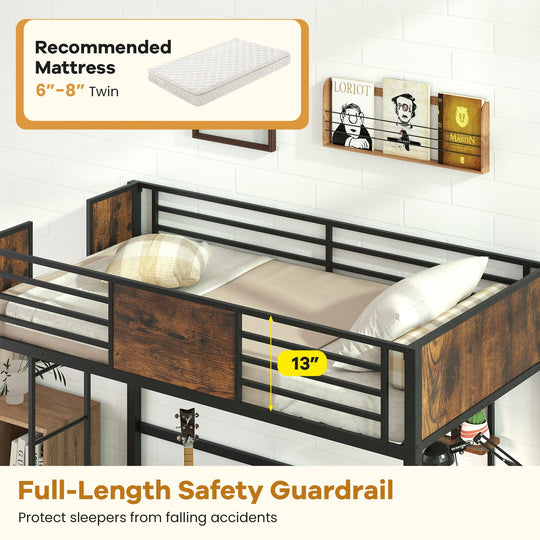 Space-Saving Twin Loft Bed with Safety Guardrail and Ladder-Coffee