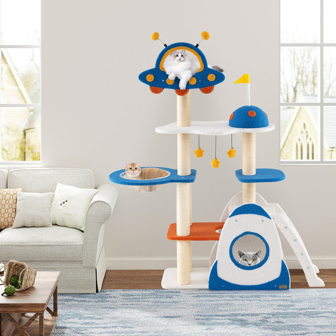 Space Theme Cat Tree Multi-level Cat Tower with Sisal Covered Scratching Posts-Multicolor