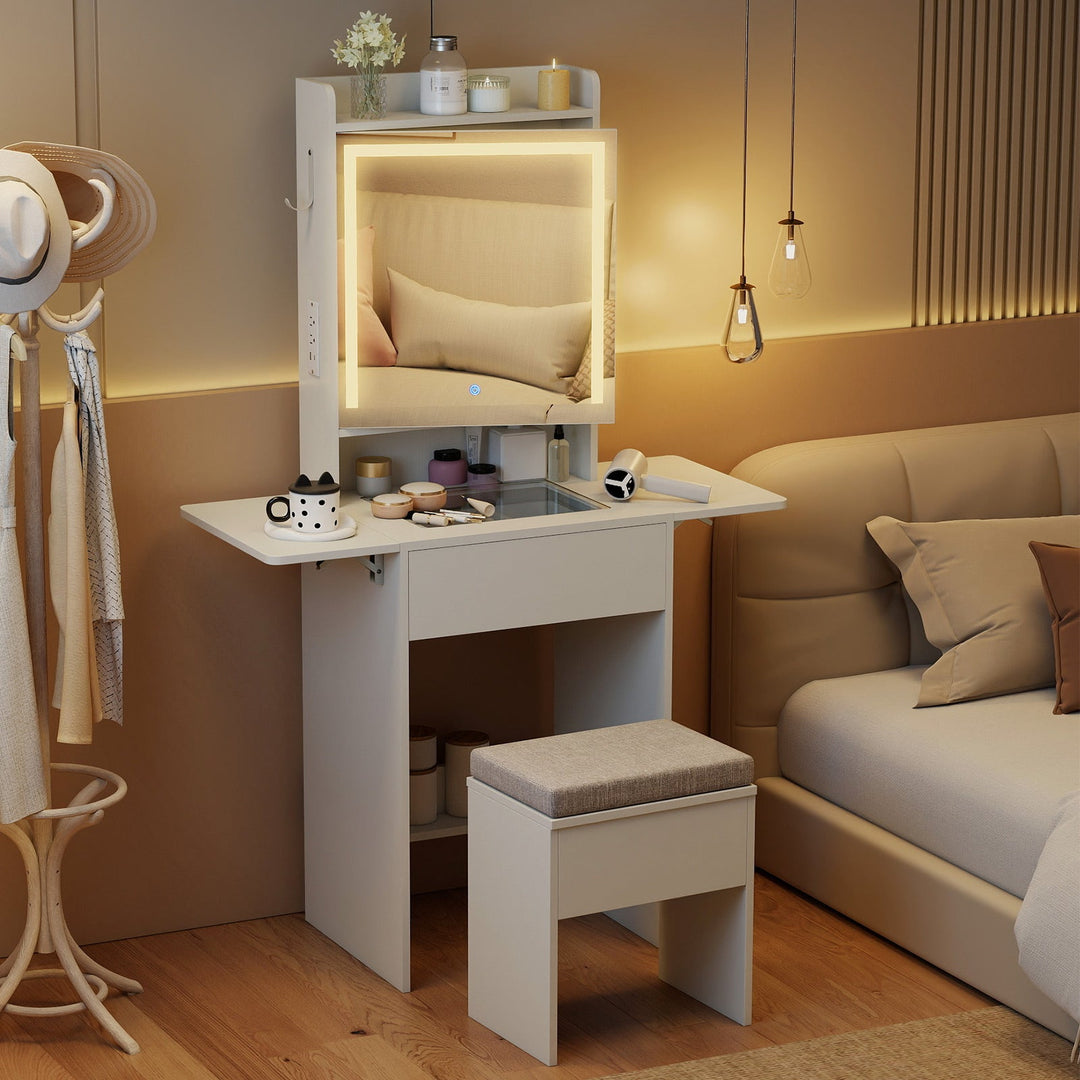 Space-saving Vanity Desk with Mirror and Lights for Bedroom