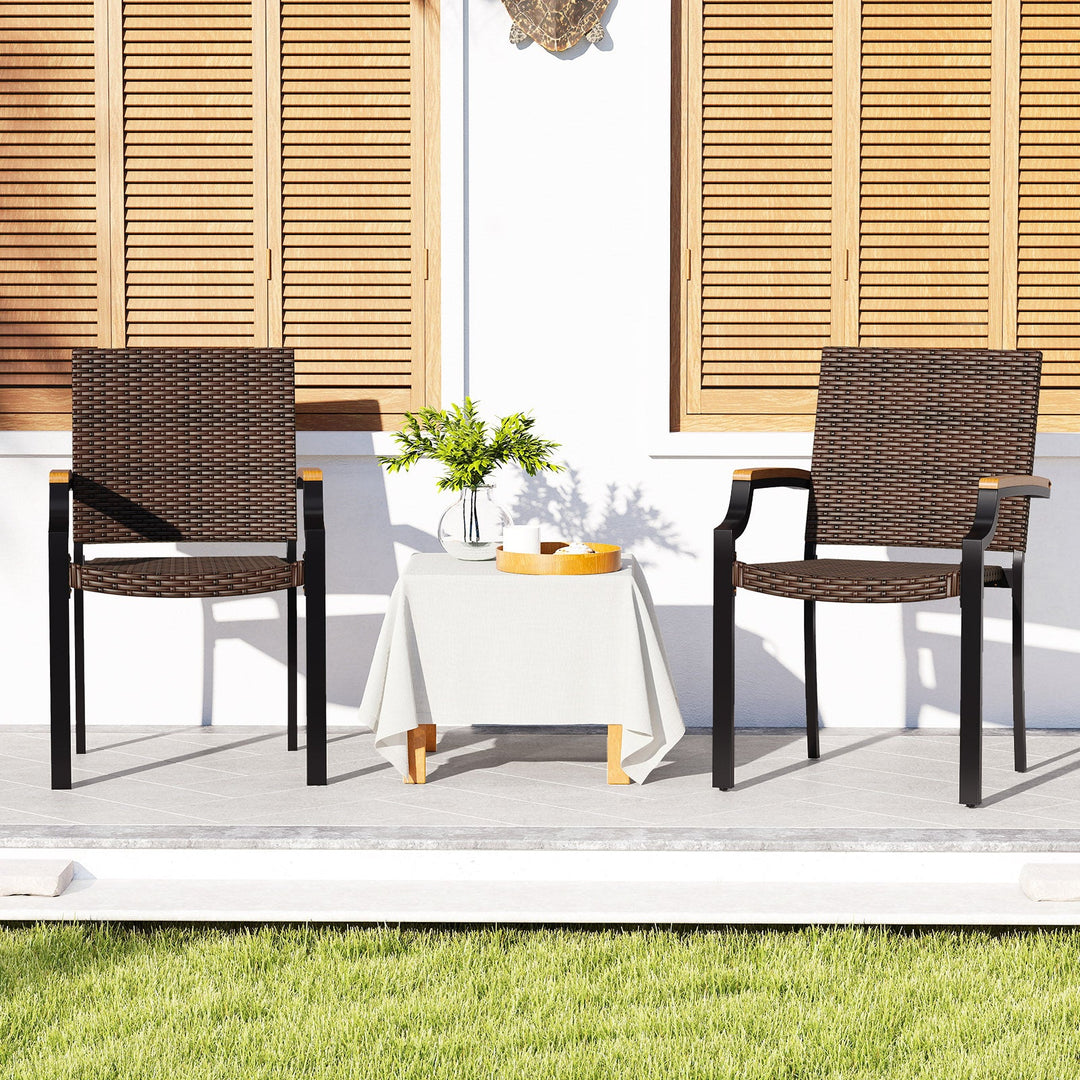 Stacking Wicker Chairs Set of 2 Patio Rattan Dining Chairs with Acacia Wood Armrests