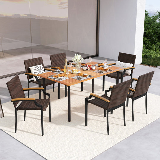 Stacking Wicker Chairs Set of 2 Patio Rattan Dining Chairs with Acacia Wood Armrests
