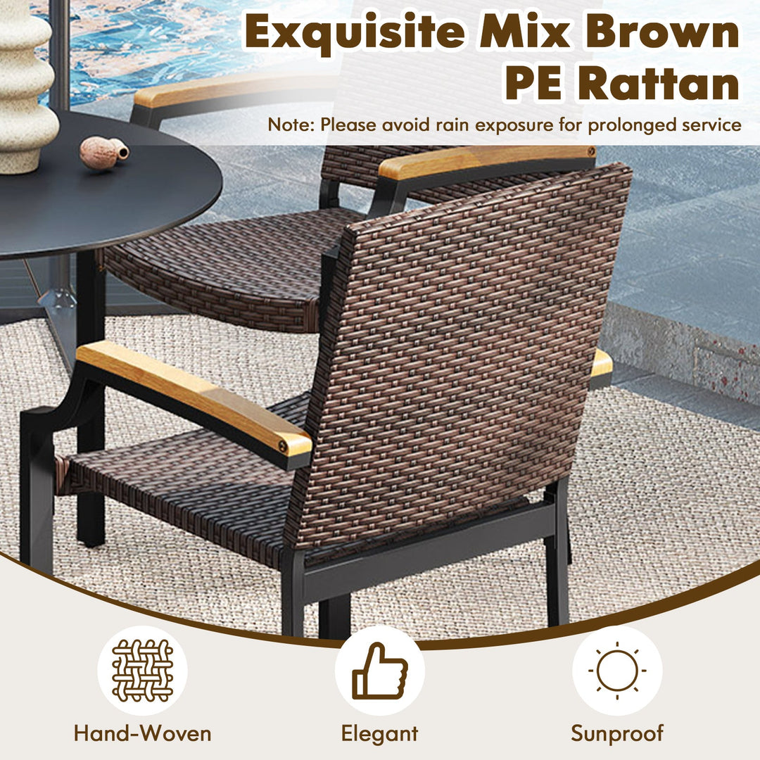 Stacking Wicker Chairs Set of 2 Patio Rattan Dining Chairs with Acacia Wood Armrests
